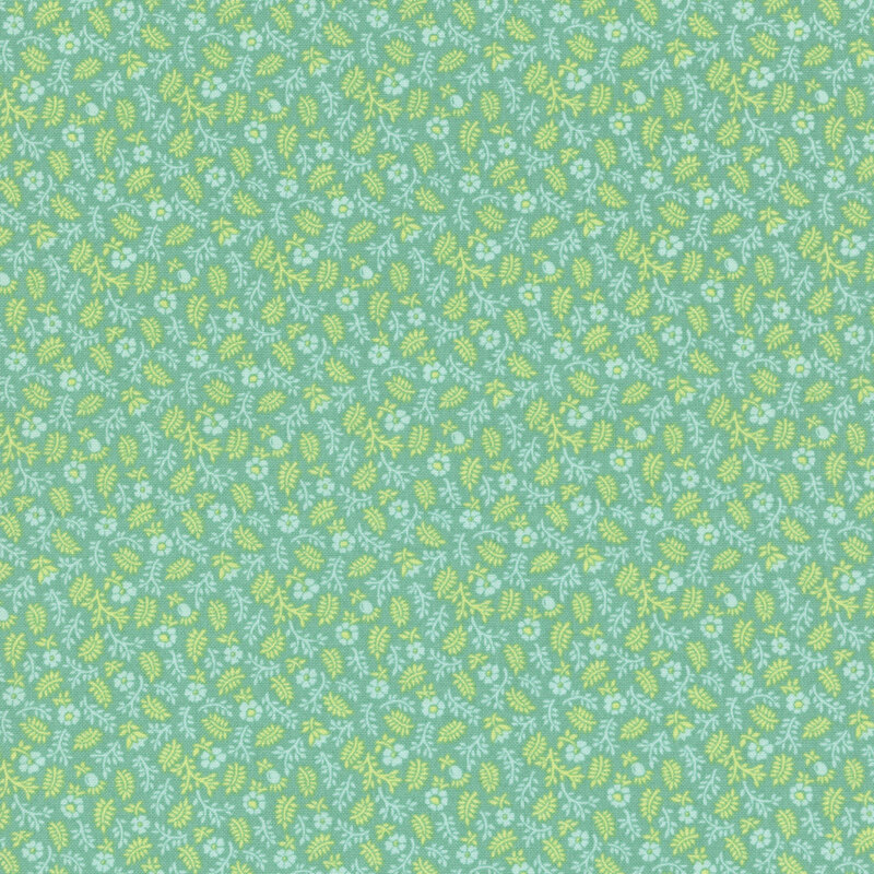Aqua green fabric featuring calico florals and yellow leaves.