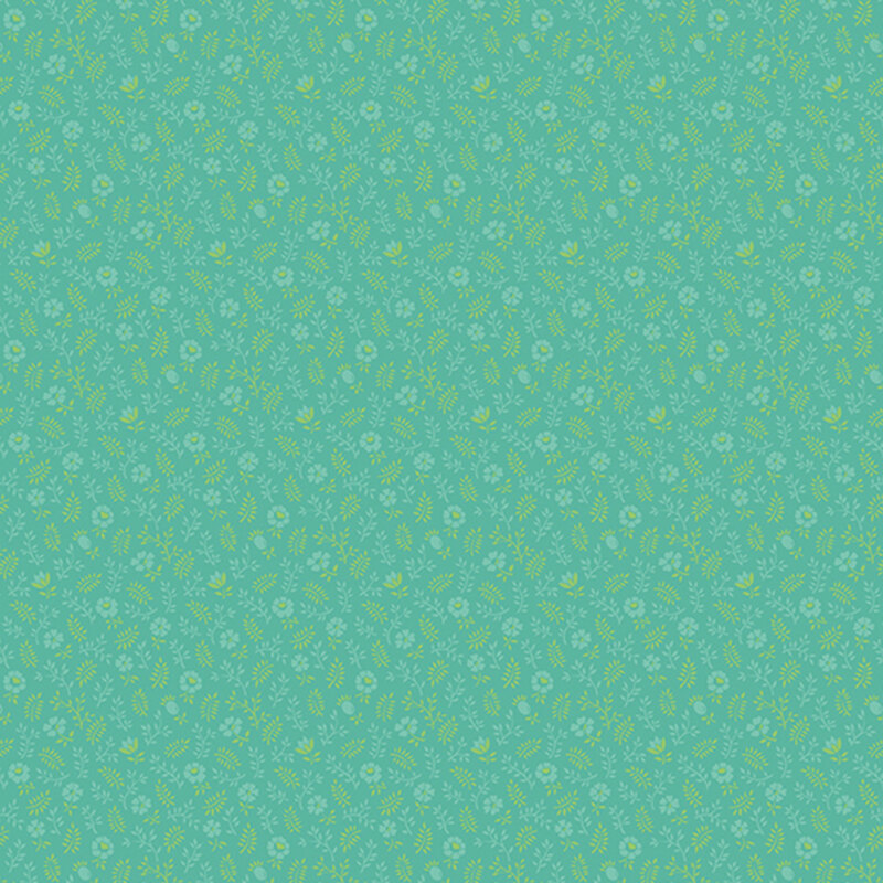 Bright teal fabric featuring calico florals and yellow leaves.