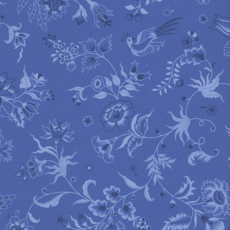 Tonal blueberry fabric featuring stylized pheasants set among elaborate florals.