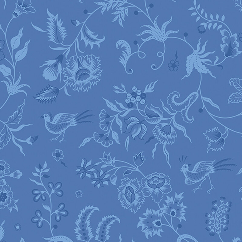 Tonal cerulean fabric featuring stylized pheasants set among elaborate florals.