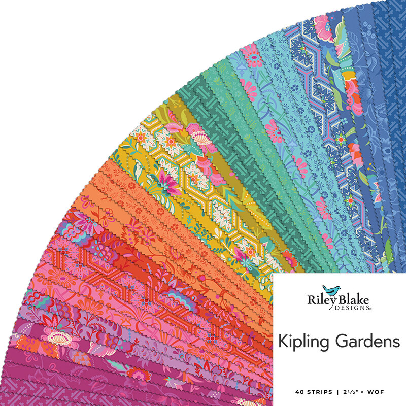 A collage of fabric strips in fuchsia, orange, mustard, teals, and blues featuring bright floral designs in a circular display, labeled Kipling Gardens from Riley Blake Designs.