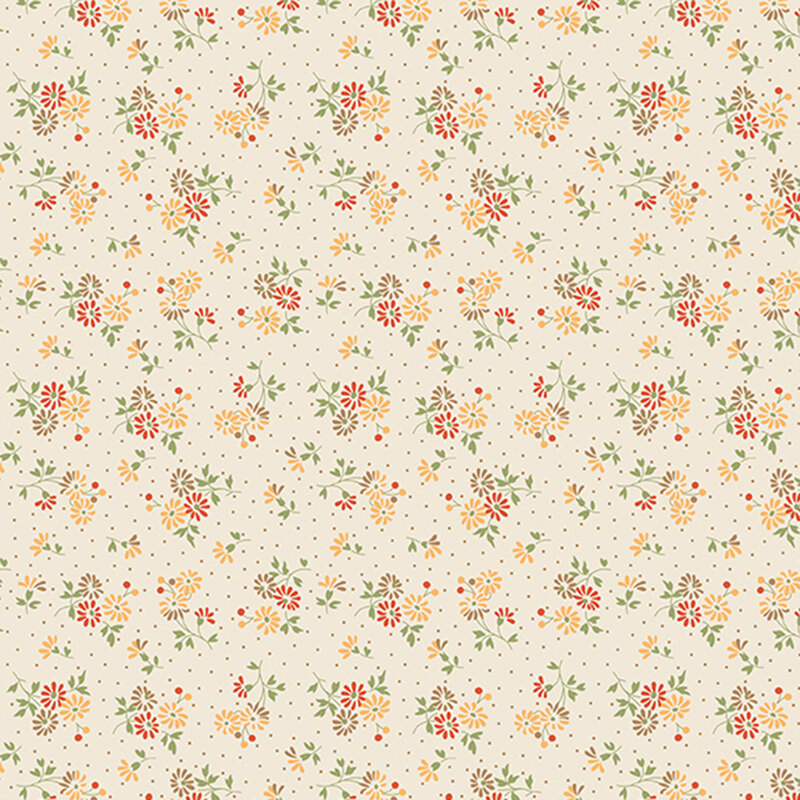 Ditsy gold, orange, and brown florals with green stems and brown polka dots over a light beige background
