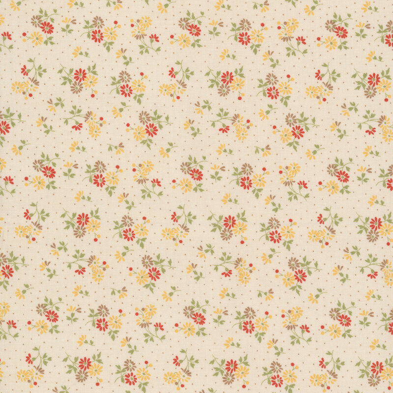 Ditsy gold, orange, and brown florals with green stems and brown polka dots over a light beige fabric