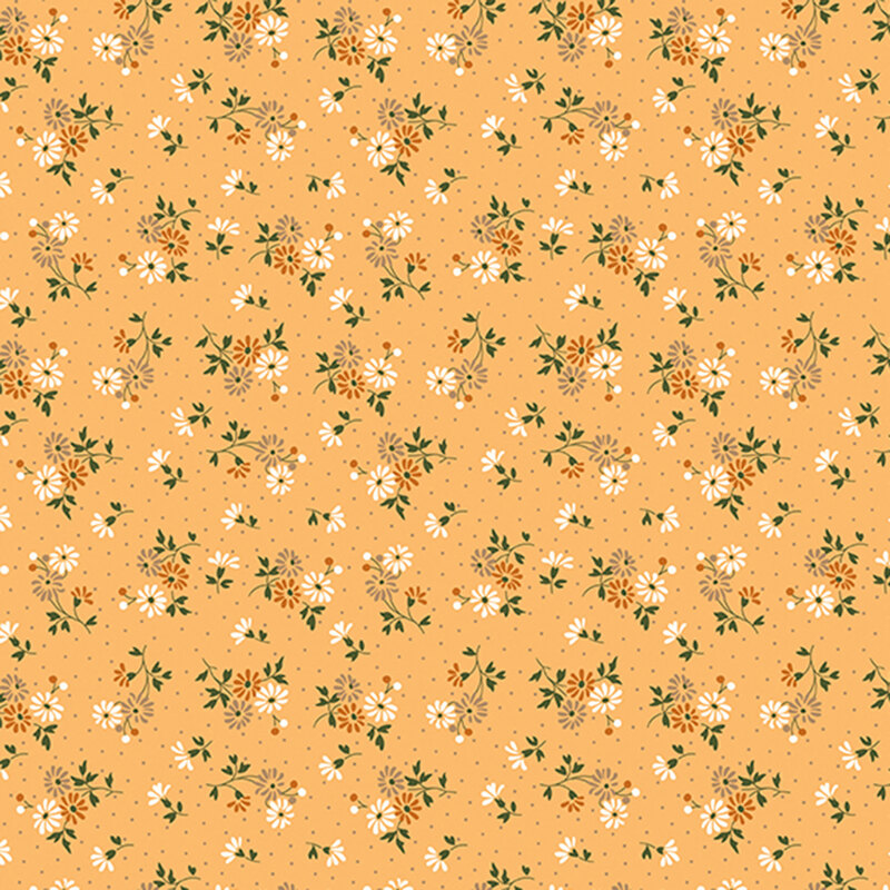 Ditsy white, orange, and taupe florals with dark green stems and taupe polka dots over a yellow background