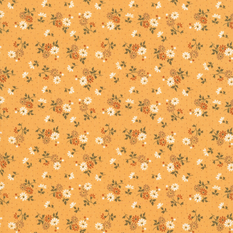 Ditsy white, orange, and taupe florals with dark green stems and taupe polka dots over a yellow background