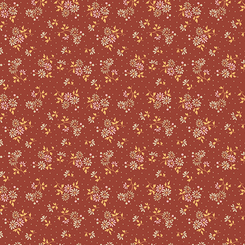 Ditsy white, taupe, and light pink florals with gold stems and white polka dots over a terracotta background