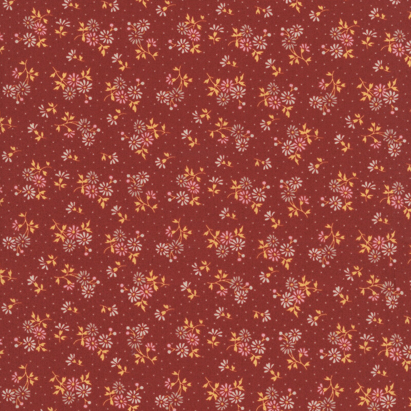 Ditsy white, taupe, and light pink florals with gold stems and white polka dots over a terracotta background