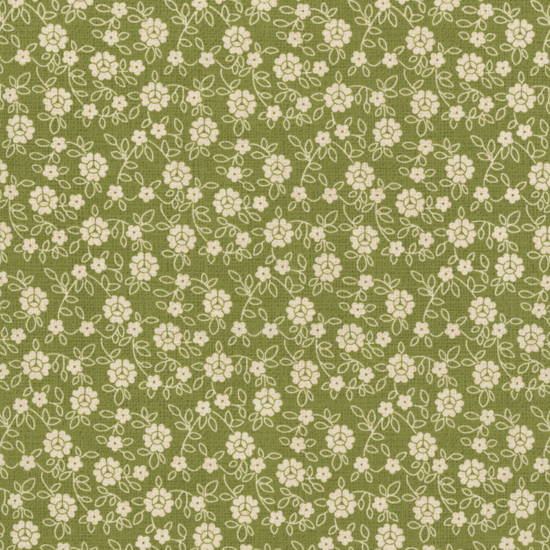 Woven textured leaf green fabric with white florals