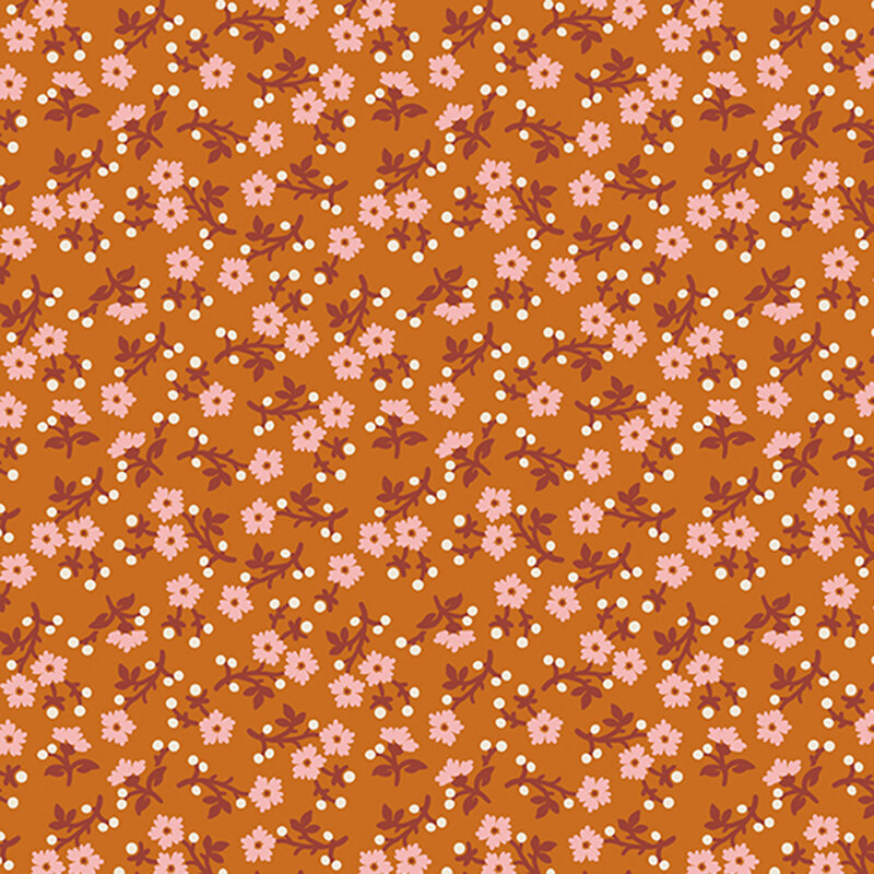 Copper orange background with dense, scattered pastel pink florals with red stems and white dots
