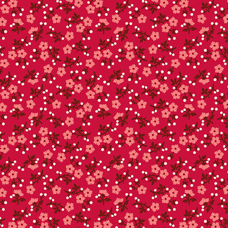 Scarlet background with dense, scattered salmon pink florals with dark red stems and white dots