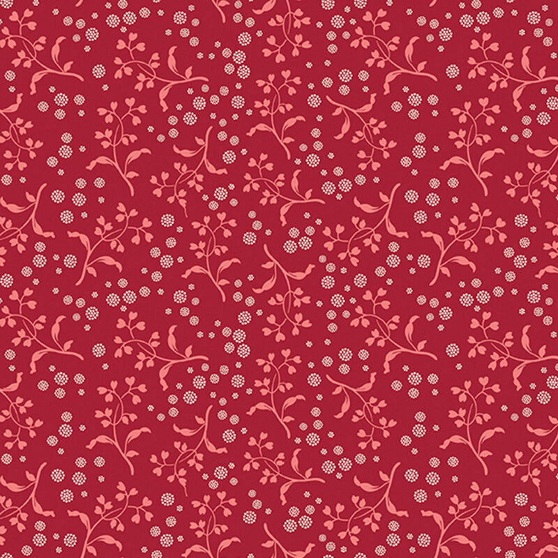 Cherry red background with a pattern of pink vines with heart-shaped leaves and white dotted circles