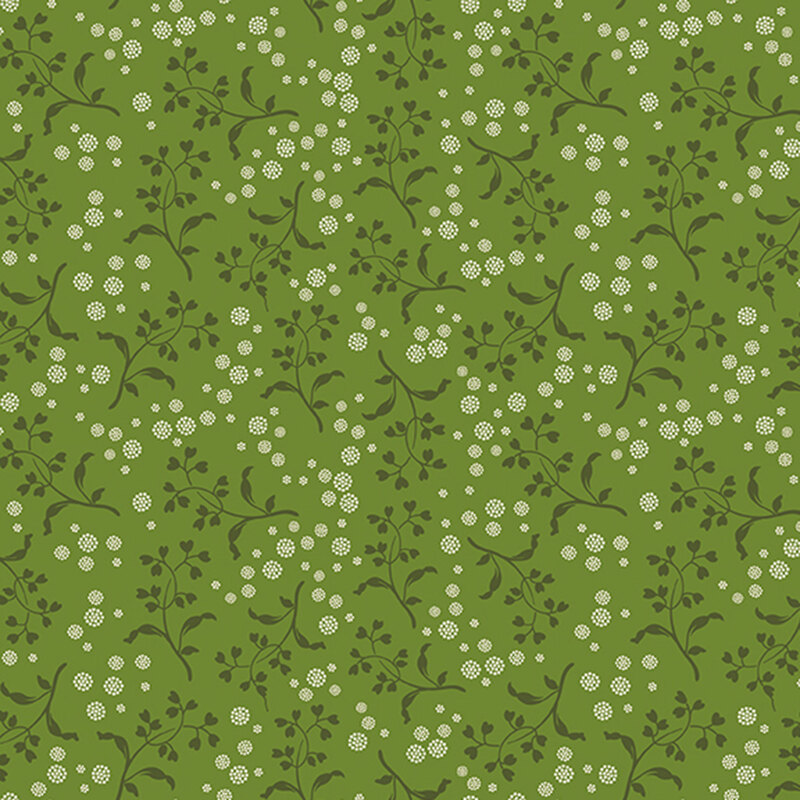Leaf green background with a pattern of olive green vines with heart-shaped leaves and white dotted circles