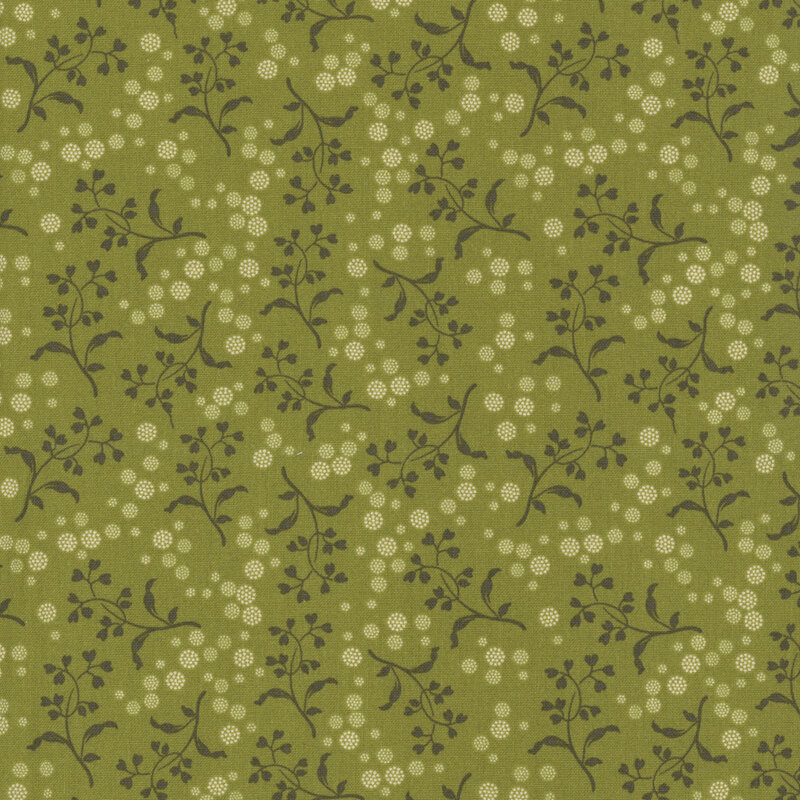 Leaf green fabric with a pattern of olive green vines with heart-shaped leaves and white dotted circles
