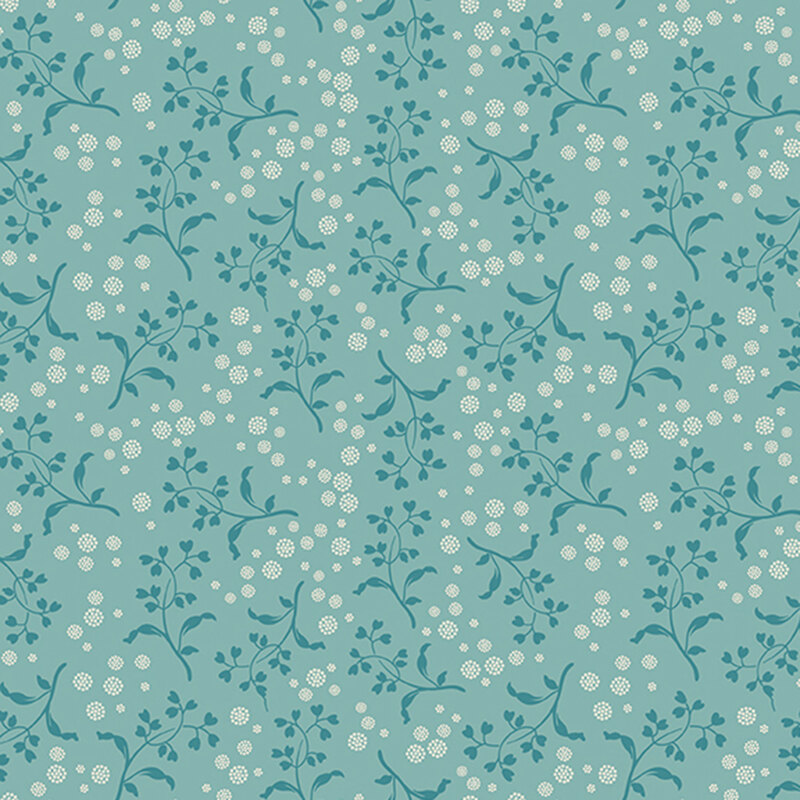 Cottage blue background with a pattern of teal vines with heart-shaped leaves and white dotted circles