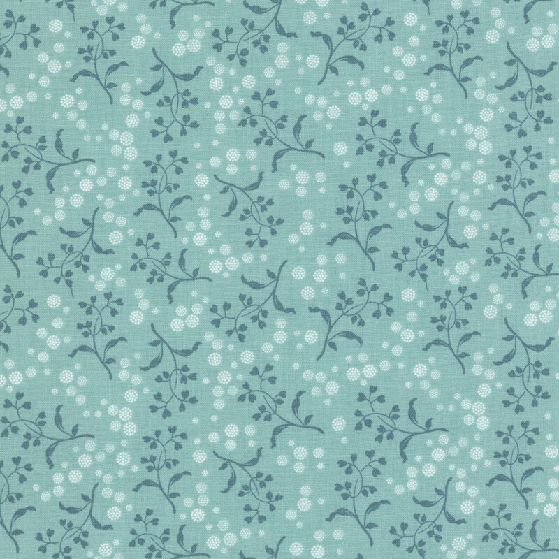 Cottage blue fabric with a pattern of teal vines with heart-shaped leaves and white dotted circles