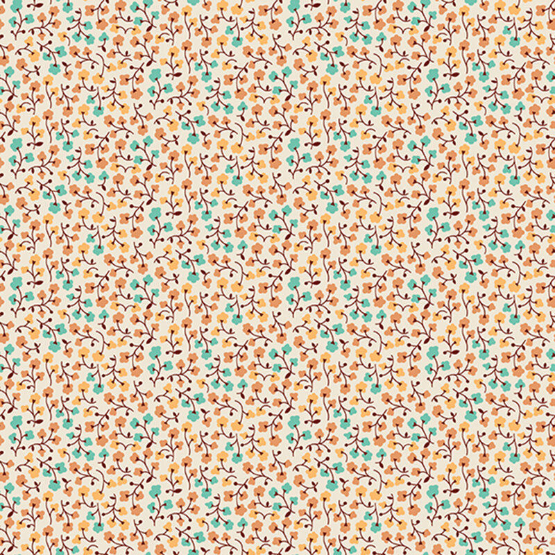 Cream background with a dense pattern of gold, orange, and turquoise sprigs of flowers
