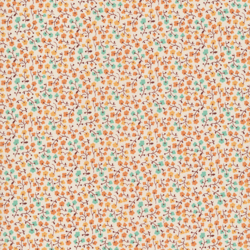 Cream fabric with a dense pattern of gold, orange, and turquoise sprigs of flowers