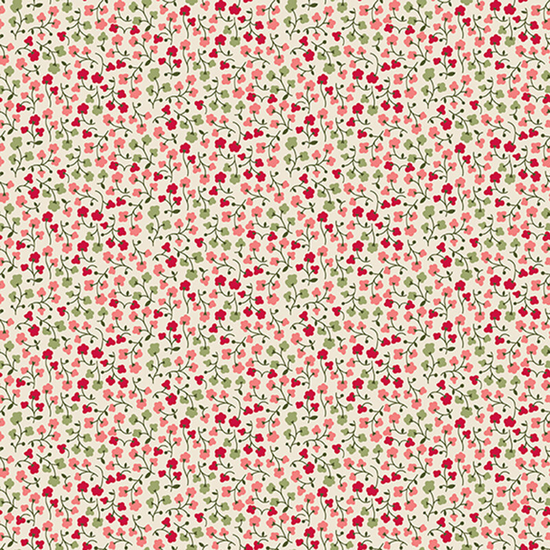 Cream background with a dense pattern of green, pink, and red sprigs of flowers