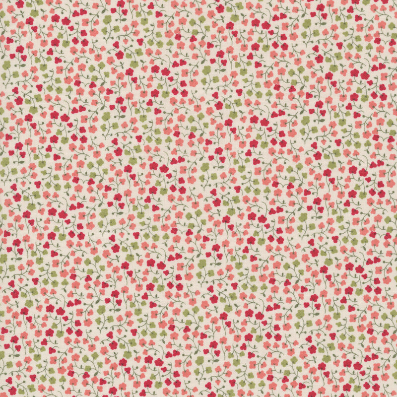 Cream fabric with a dense pattern of green, pink, and red sprigs of flowers