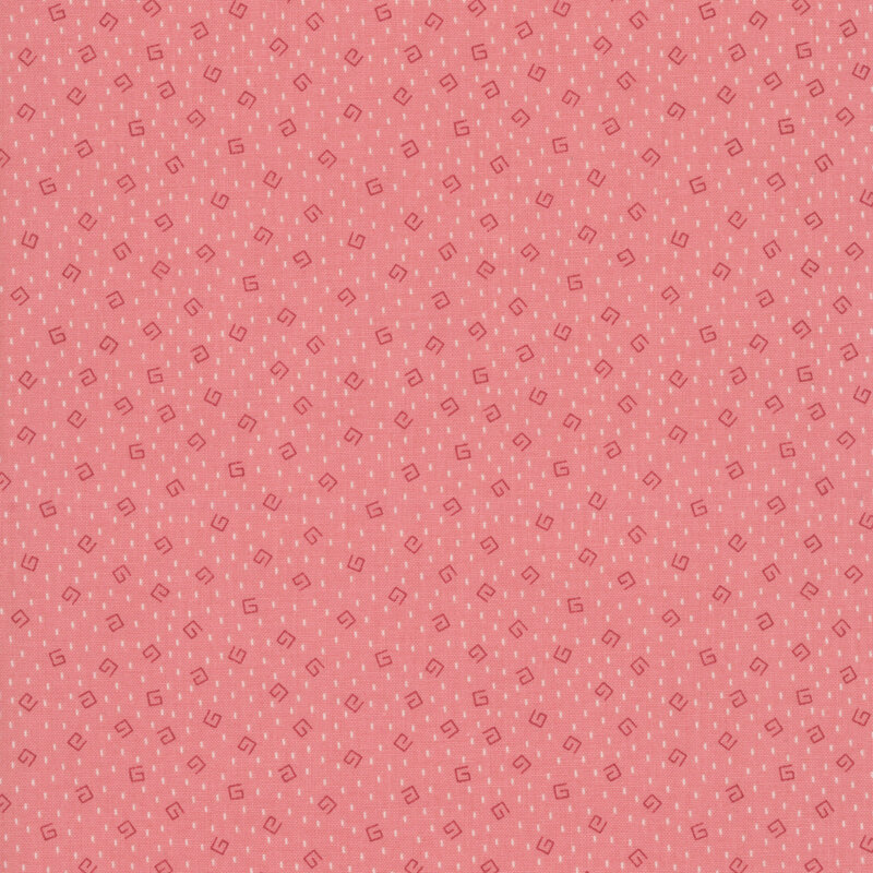 Geometric magenta swirls and white dashes on a bubblegum pink fabric 