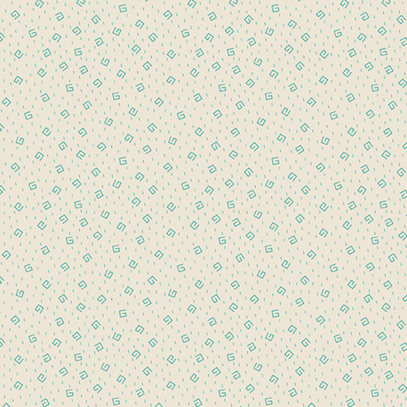 Geometric teal swirls and turquoise dashes on a cream background 
