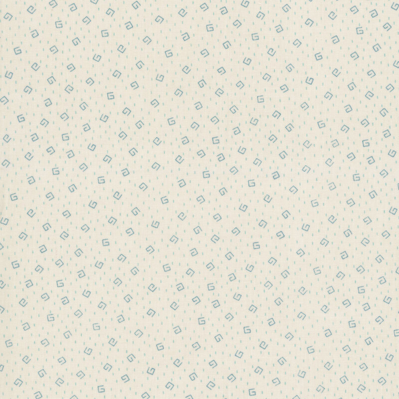 Geometric teal swirls and turquoise dashes on a cream fabric. 