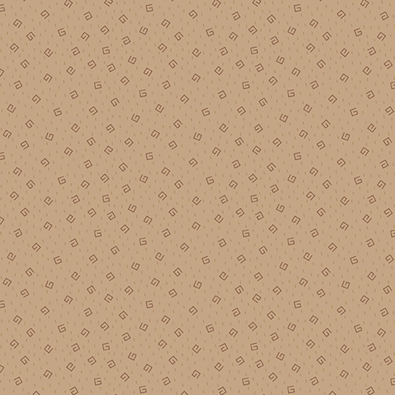 Geometric brown swirls and beige dashes on a dark tan background 