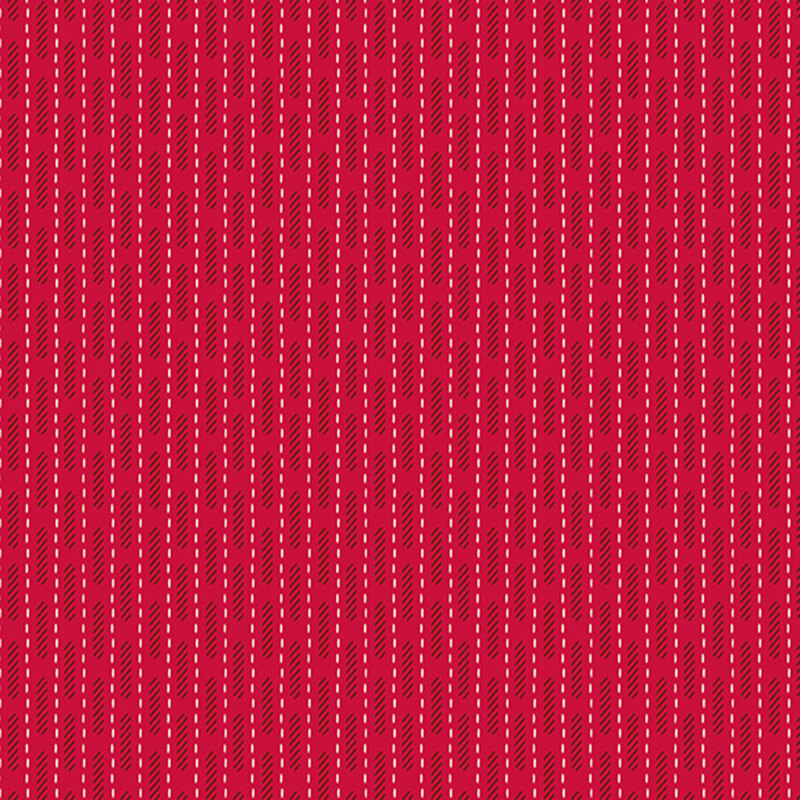 Scarlet background with vertical white dashes and a pattern of black diagonal lines