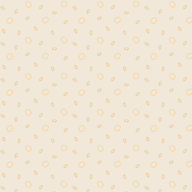 Latte white background with a scattered pattern of mustard yellow ovals and gold dotted circles