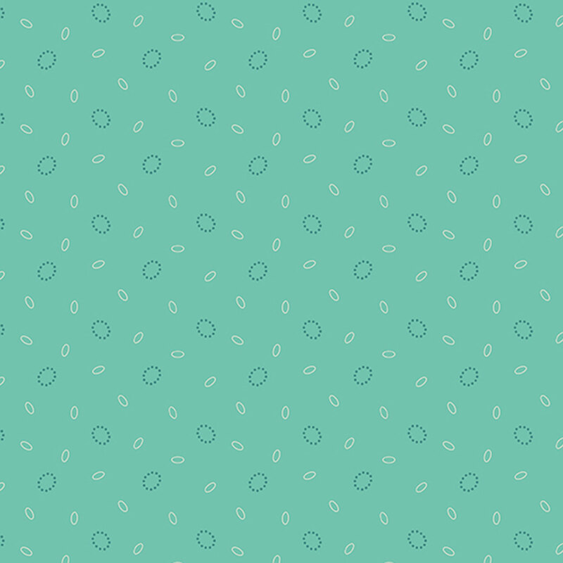 Turquoise background with a scattered pattern of white ovals and teal dotted circles