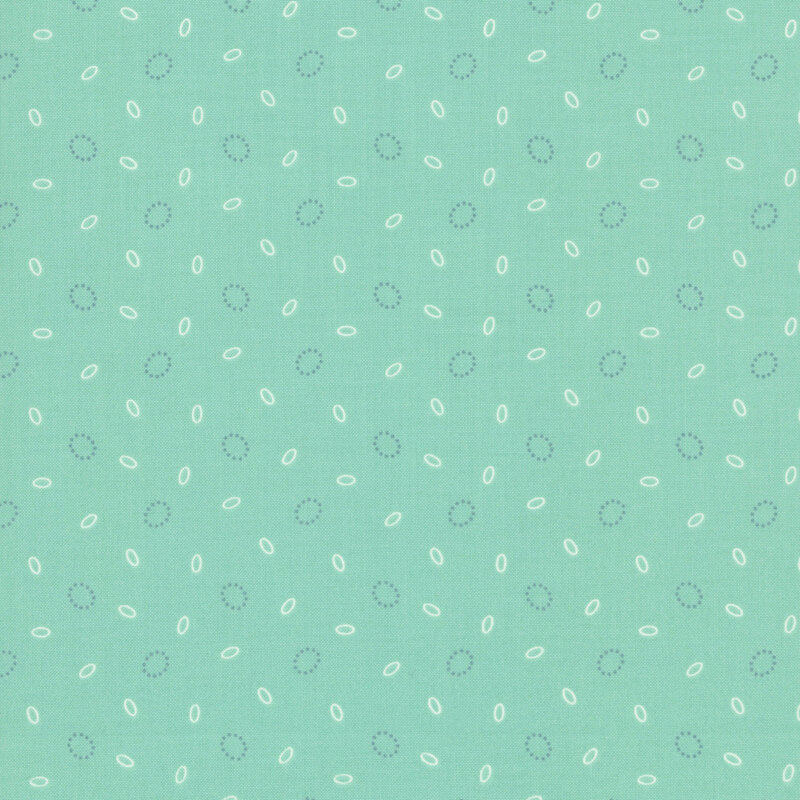 Turquoise background with a scattered pattern of white ovals and teal dotted circles