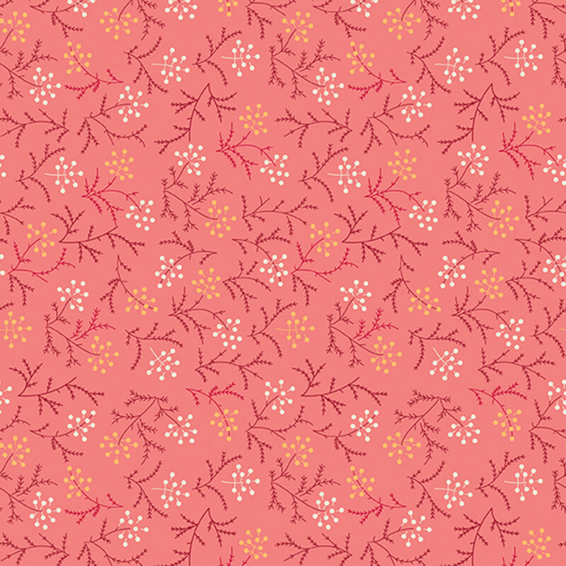 Magenta sprigs with white and yellow seeds on a salmon pink background