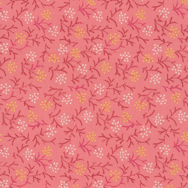 Magenta sprigs with white and yellow seeds on a salmon pink background