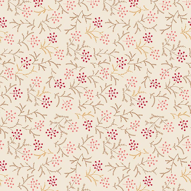 Tan and yellow sprigs with magenta and pink seeds on a cream background