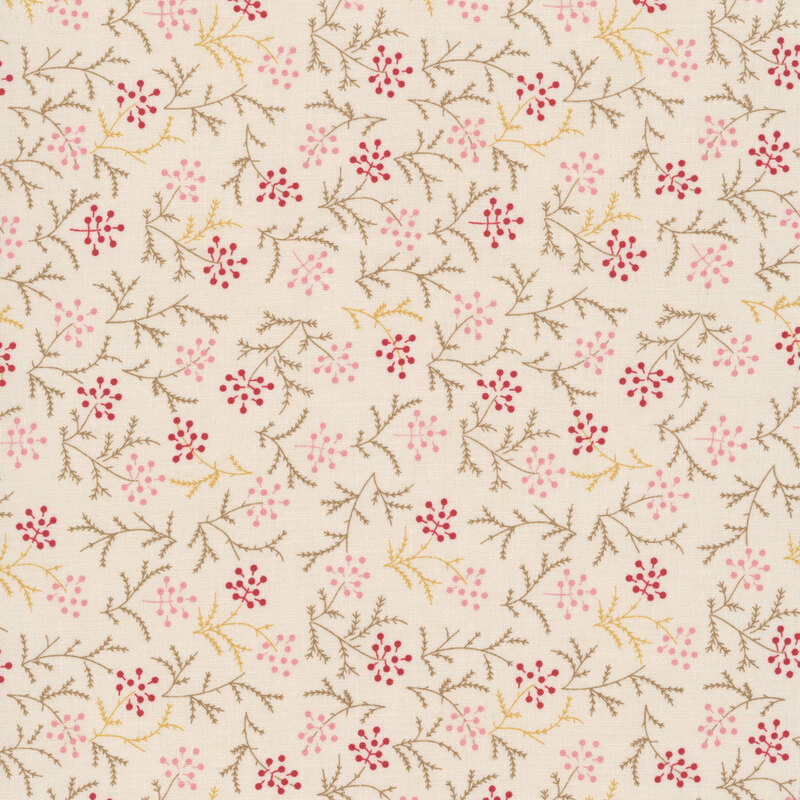 Tan and yellow sprigs with magenta and pink seeds on a cream background