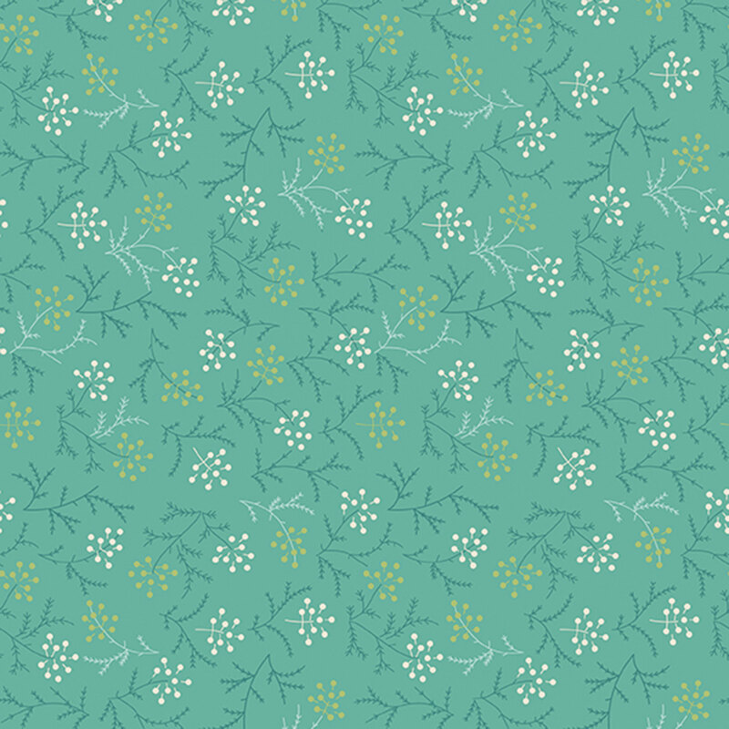 Teal and light blue sprigs with white and gold seeds on a cottage green background