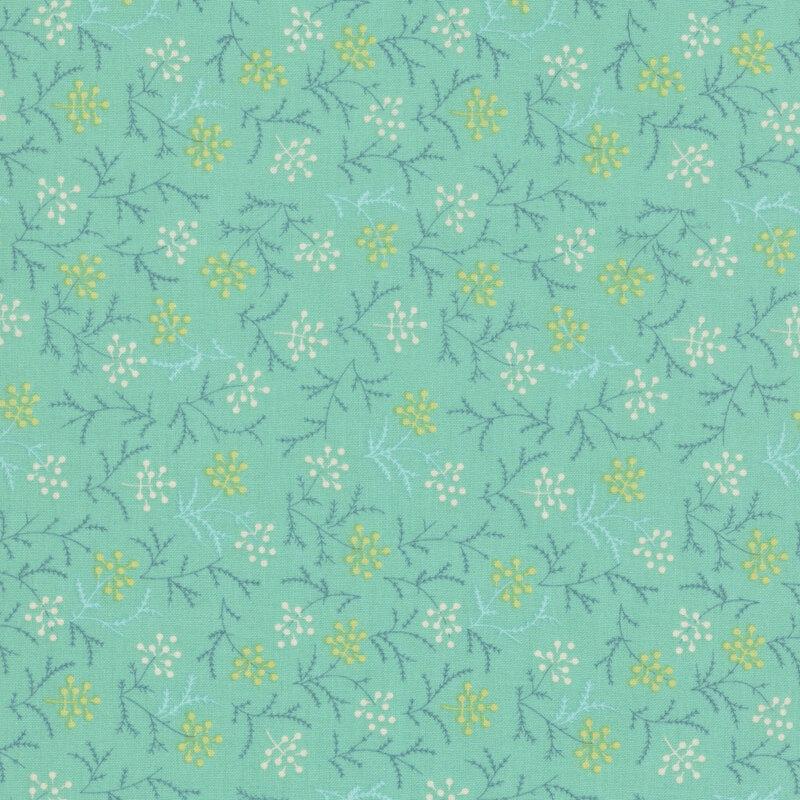 Teal and light blue sprigs with white and gold seeds on a cottage green background