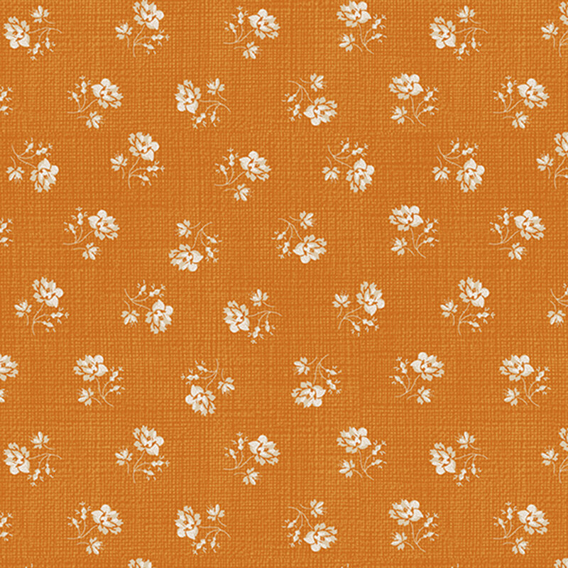 Ditsy white rose florals over woven textured dark gold background