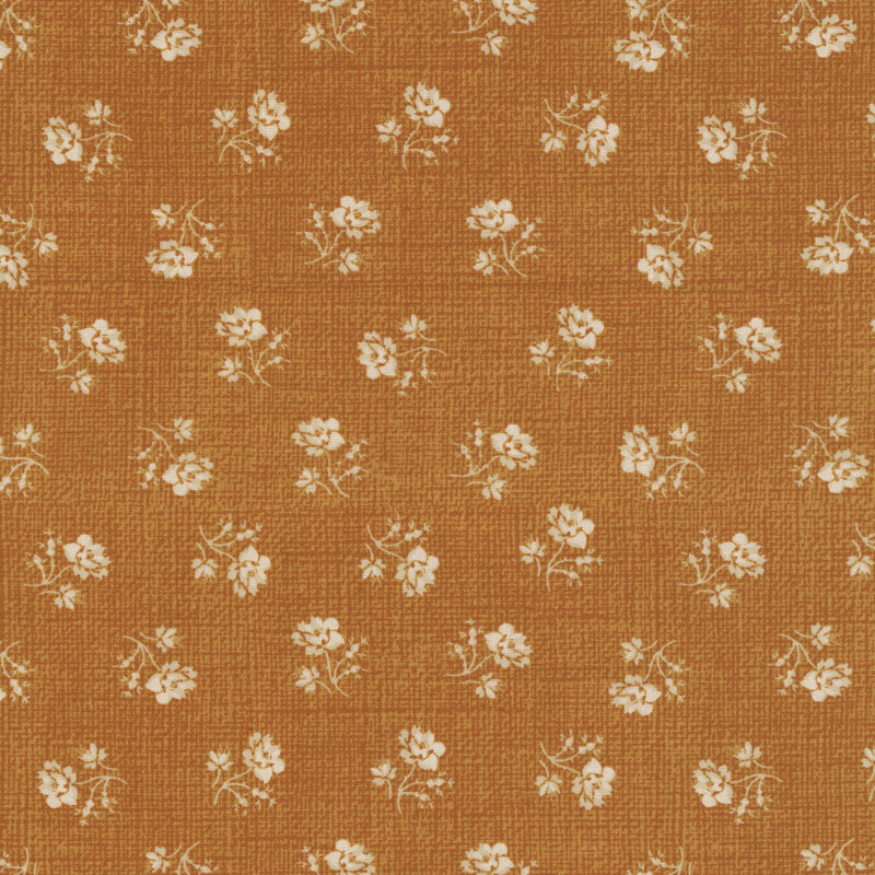Ditsy white rose florals over woven textured dark gold background