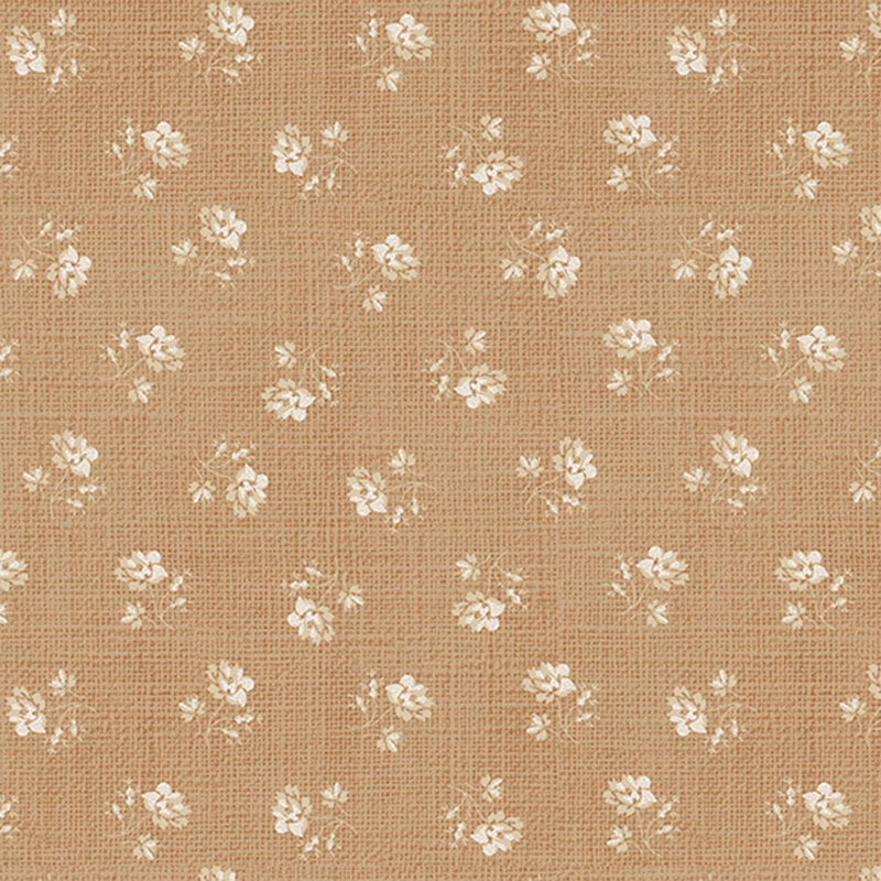 Ditsy white rose florals over woven textured tan background