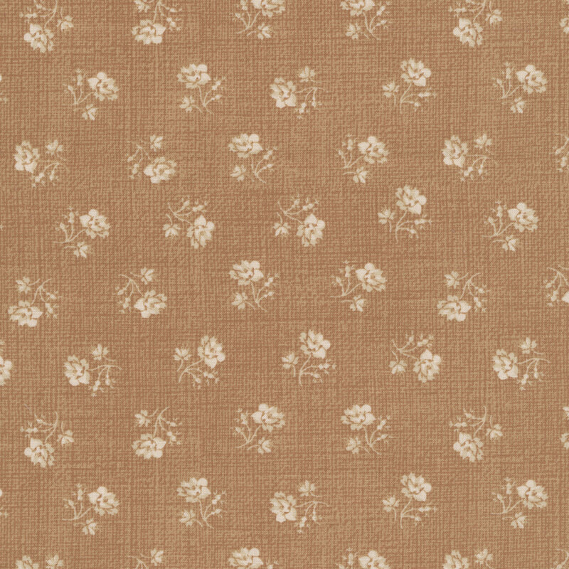 Ditsy white rose florals over woven textured tan background