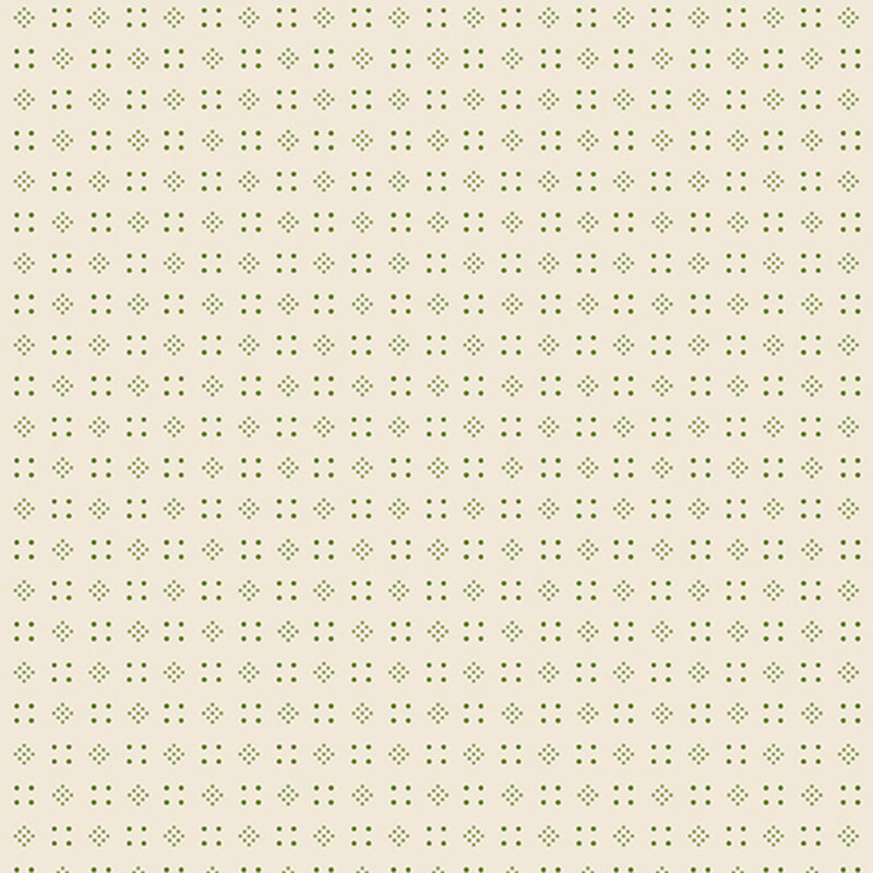 Cream background with a geometric pattern of dark green squares and diamonds made up of dots 