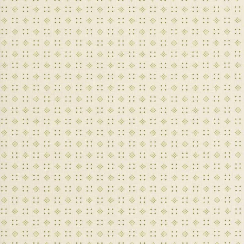 Cream background with a geometric pattern of dark green squares and diamonds made up of dots 