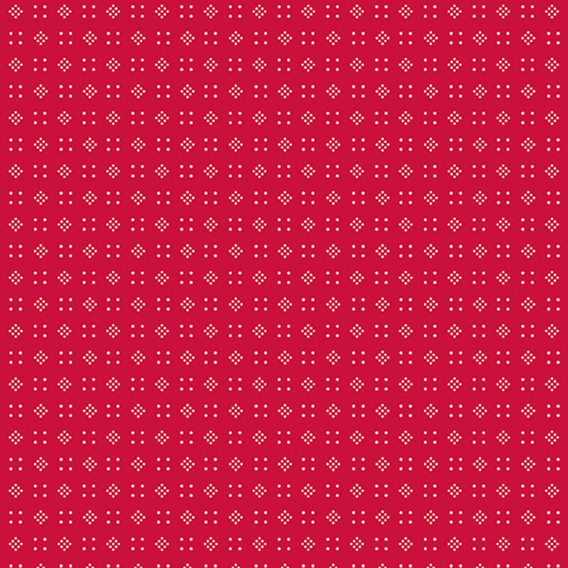 Rose red background with a geometric pattern of white squares and diamonds made up of dots 
