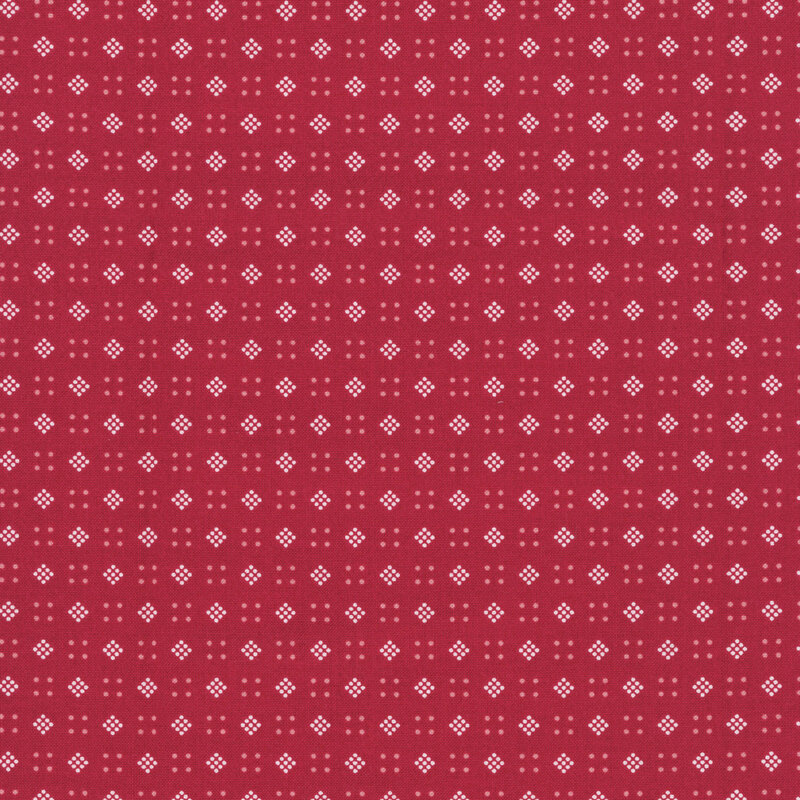 Rose red background with a geometric pattern of white squares and diamonds made up of dots 
