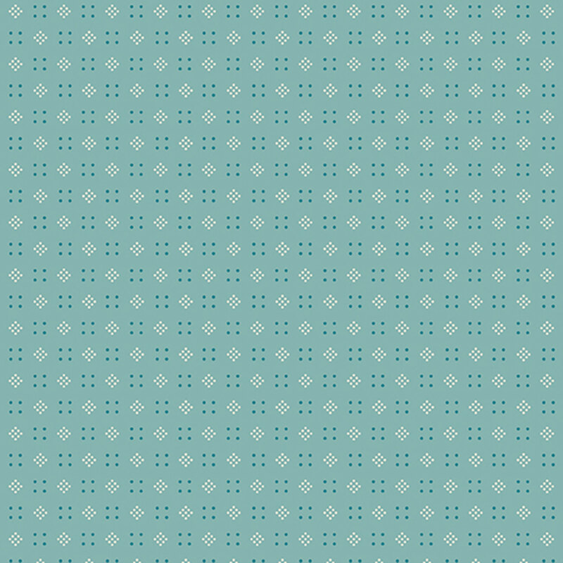 Muted turquoise background with a geometric pattern of teal squares and white diamonds made up of dots 