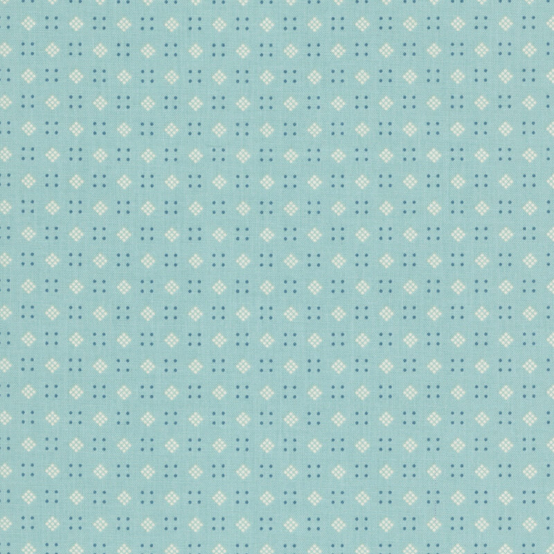 Muted turquoise fabric with a geometric pattern of teal squares and white diamonds made up of dots 