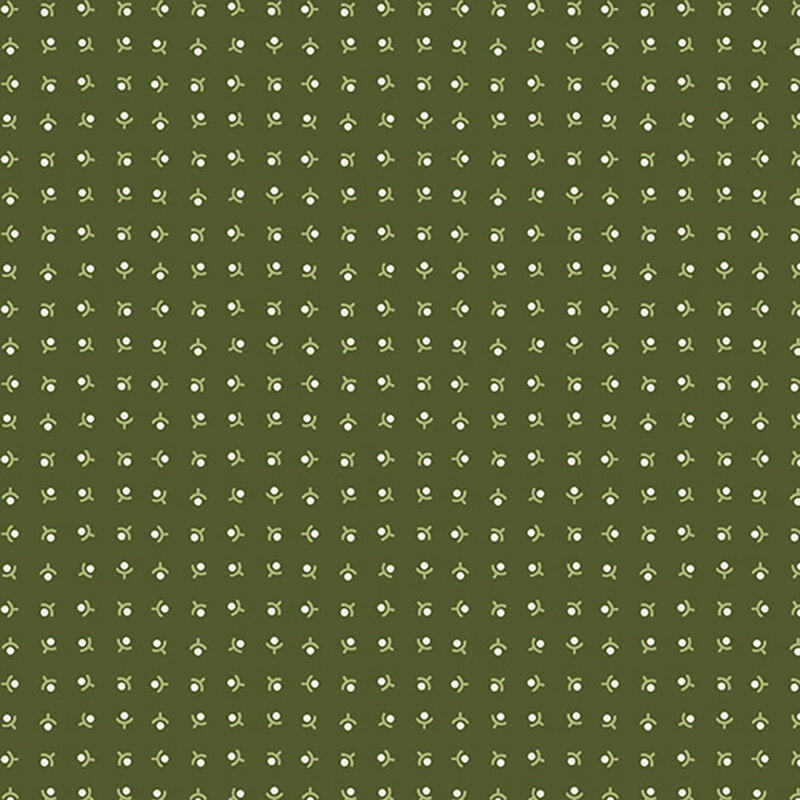 Forest green background with a ditsy pattern of white minimalistic flowers and light green stems