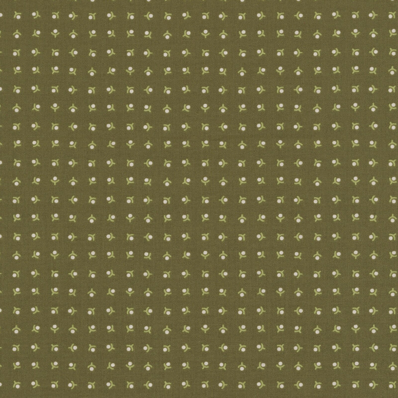 Forest green background with a ditsy pattern of white minimalistic flowers and light green stems