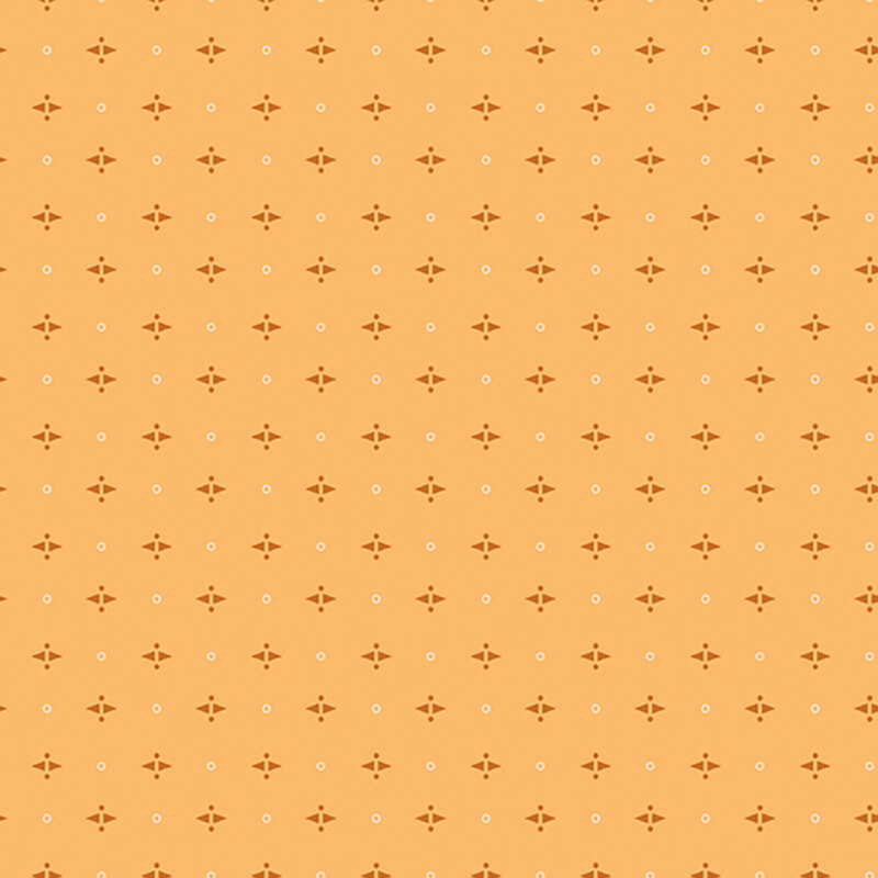 Butterscotch yellow background with a geometric copper brown shapes and white circles
